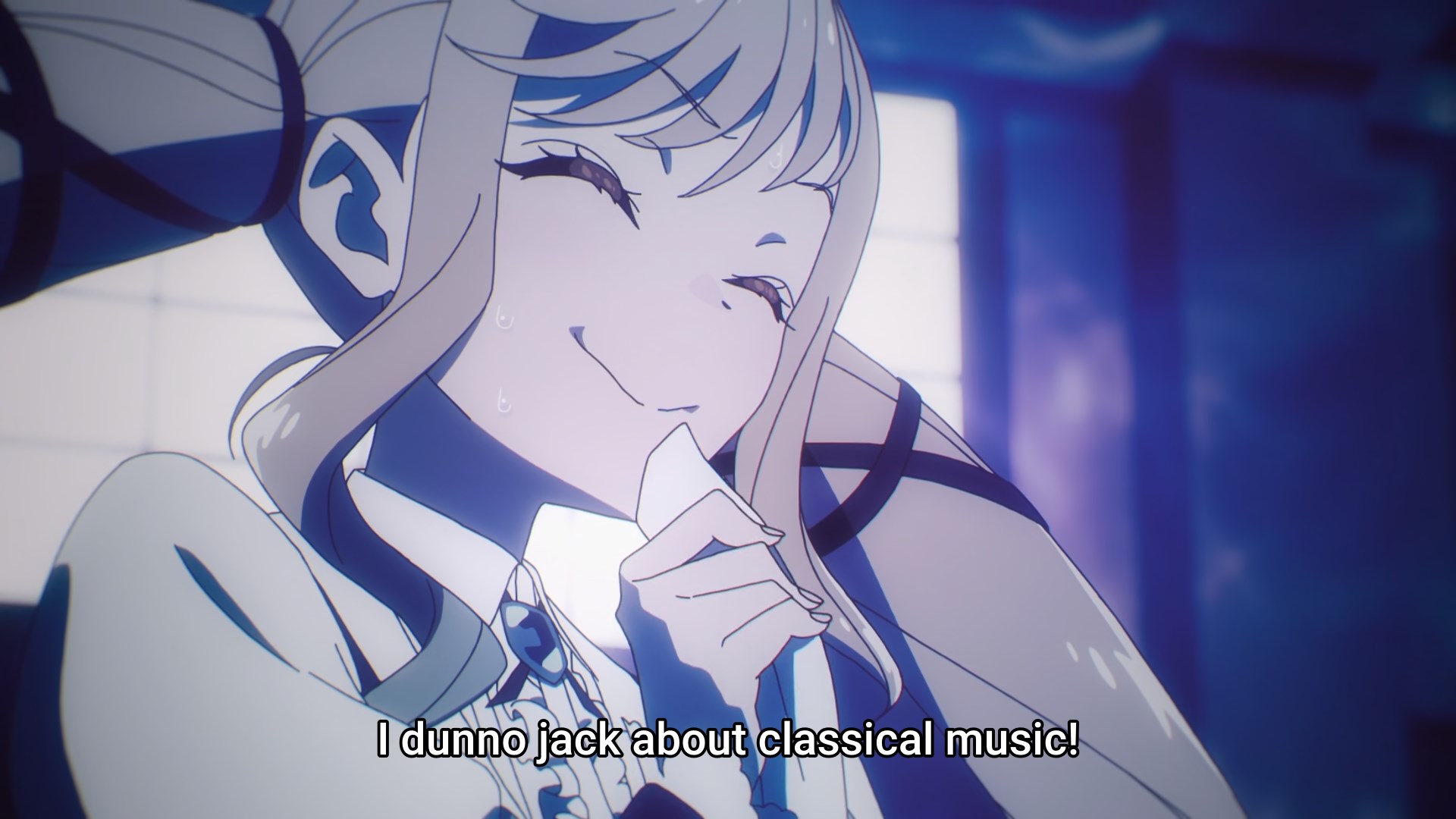 lilisa is wiping her mouth with a napkin, eyes closed, a forced smile on her face as sweat droplets trickle down her cheek. All colour is drained from the shot as she thinks 'I dunno jack about classical music'.